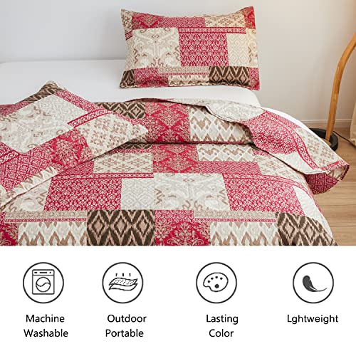 Chesity Twin Size Quilts Plaid Bedding Sets 3-Piece Deep-Red Bedspread Sets Reversible Lightweight Stripe Quilt Grid Coverlet Patchwork Soft Quilt For Bed (68" X 86") #TOP3