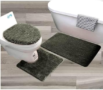 3 Piece Bathroom Floor Bath Mats Rugs Set with Lid Cover Non-Skid Absorbent Solid #6 Charcoal Gray