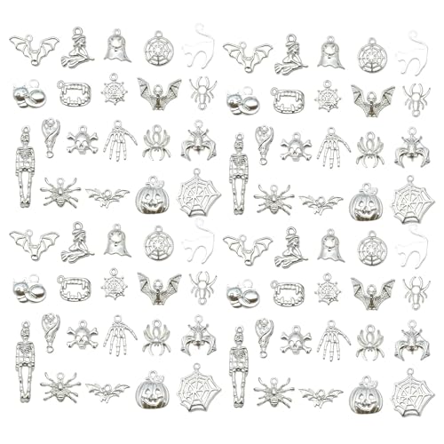 WOCRAFT 60pcs Bright Silver Halloween Charms Bracelet Charms for Jewelry Making Sets DIY Necklace Bracelet Keychain Crafting Charms Kit Craft Supplies (SN867)