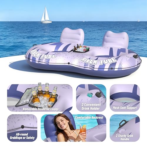 Image of JOSEN Inflatable River Tube Float - 2 Person Heavy Duty River Float, Pool Floats Adult, Lake River Floats Water Tubes for Floating with Removable Cooler & Cupholders for Summer Relaxation