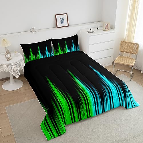 Image of Teel Blue and Green Comforter Set Queen Size, Abstract Ombre Comforter Ombre Striped Comforter for Kids Boys Girls Ombre Duvet Set Breathable Bed Set 3Pcs