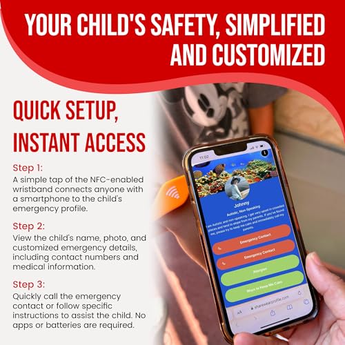 Image of Kids ID Bracelet - Fitted NFC Safety Wristband, Slip-On Child ID Band for Emergency Contact Info, Waterproof Silicone, Not GPS, Wear on Wrist or Ankle, Ideal for Theme Parks, Travel & Beaches