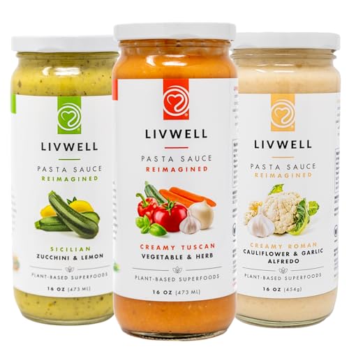LIVWELL Variety Pack Plant-Based Pasta Sauce - Pack of 3 with Roman Cauliflower Alfredo, Creamy Tuscan Vegetable & Herb, and Sicilian Zucchini & Lemon - Vegan & Gluten Free