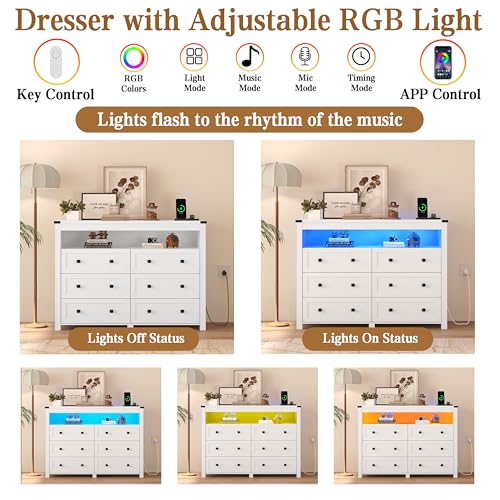 Image of Wodeer White Dresser 6 Drawer Dressers for Bedroom with LED Lights, Charging Station, Wood Chest of Drawers with Metal Handles, Modern TV Stand Storage Cabinet for Living Room, Hallway, Entryway