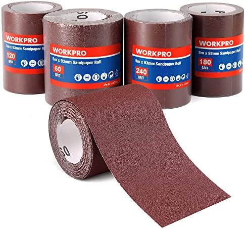 WORKPRO Sandpaper Roll Set 4 Rolls, 9.3cm x 5m, 60/120/180/240 Grit, Aluminium Oxide Abrasive Sanding Paper for Sanding, Polishing and Rust Removal