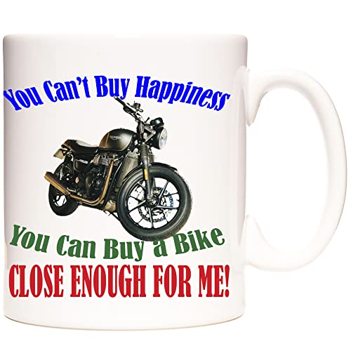 Stoneys Badges Funny Motorcycle Mug, “You Can’t Buy Happiness, But You Can Buy a Bike”, Triumph Motorbike Design