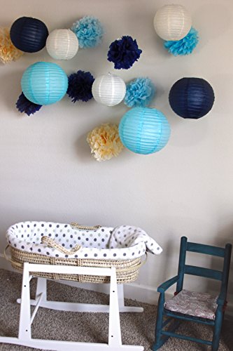 Just Artifacts Decorative Paper Party Pack (15pcs) Paper Lanterns and Pom Pom Balls - Ivory/Blues - Paper Lanterns and Décor for Birthday Parties, Baby Showers, Weddings and Life Celebrations!
