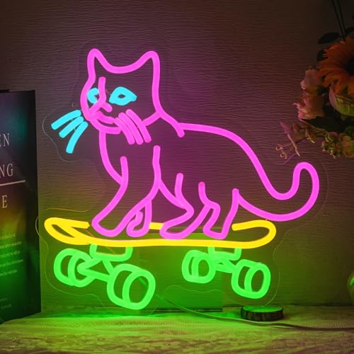 Image of Cat Skateboard Neon Sign for Wall Decor Cat Neon Light Skateboard LED Neon Signs Colorful Led Neon Lights for Bedroom Pet Shop Skatepark Decoration