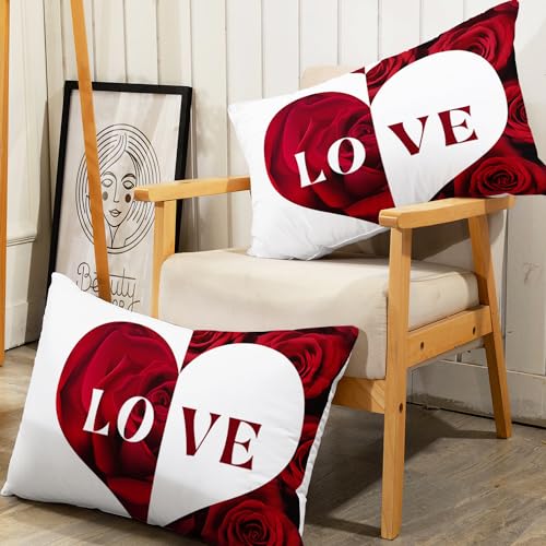Image of AILONEN 3-Piece Red Rose Comforter Set Queen Size,Red and White Lover Hearts Printed Bedding Set for Room,Romantic Flower Soft Microfiber Comforter with 2 Pillowcases