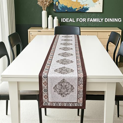 Image of Heart Home Velvet 13x72 Inch Heavy Table Runner for Home Decor | 6 Seater Dining Table Place Mat Elegant Soft Feel /Machine Washable | Juliet 1186 - Cream & Brown