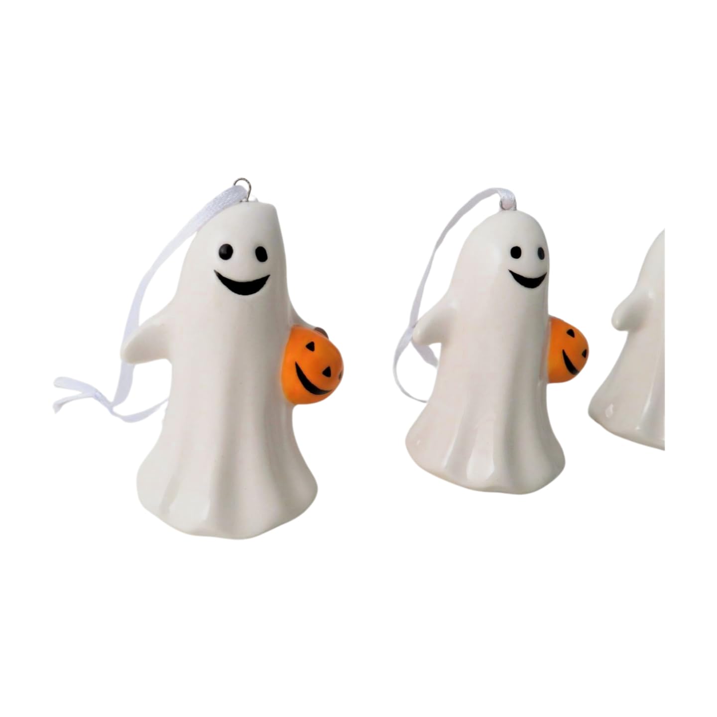 Giftware Trading White Halloween Ceramic Ghost Hanging Decoration With Pumpkin, 7Cm