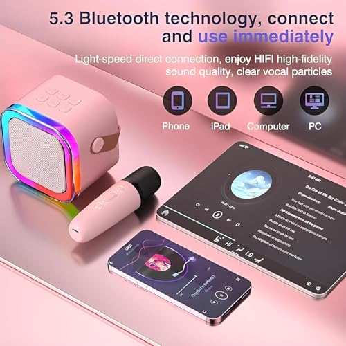 Image of SE HUB Bluetooth Speaker with Wireless Karaoke Mic 6Hrs Playtime Portable Vibrant RGB Lights, Voice Effects, Multi-Play Modes for Kids Birthday Gift Musical Toys for Boys, Girls & Adults- Pink