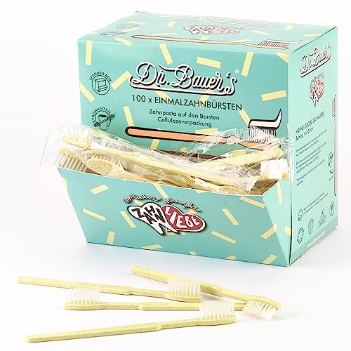 Spazzolini monouso con dentifricio Dr. Bauer - confezione da 100 - spazzolino da viaggio ecologico con cannuccia - per dentisti, hotel, campeggio - dispenser giallo