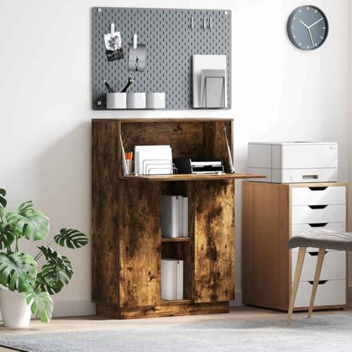 SooIarix Escritorio con estante de madera de roble ahumado, 71,5 x 31,5 x 106,5 cm, mesa de ordenador compacta para estudio y juegos, con espacio de almacenamiento y aspecto moderno