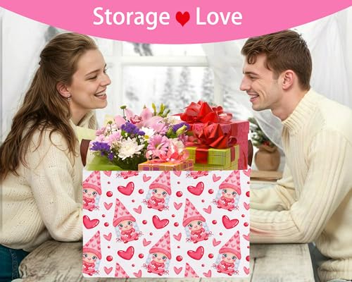 Image of Valentines Day Basket for Kids Heart Shaped Empty Storage Bins for Gifts with Handles Room Decor (Pink Girl Gnome Hug Love)