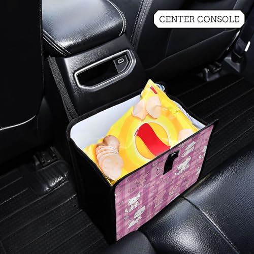 Image of Car Trash Can Organizer Bin with Adjustable Strap for Back Front Seat Console Waterproof Leakproof Collapsible Portable 11 Inch Checkered Pink Kittens Hearts Shells