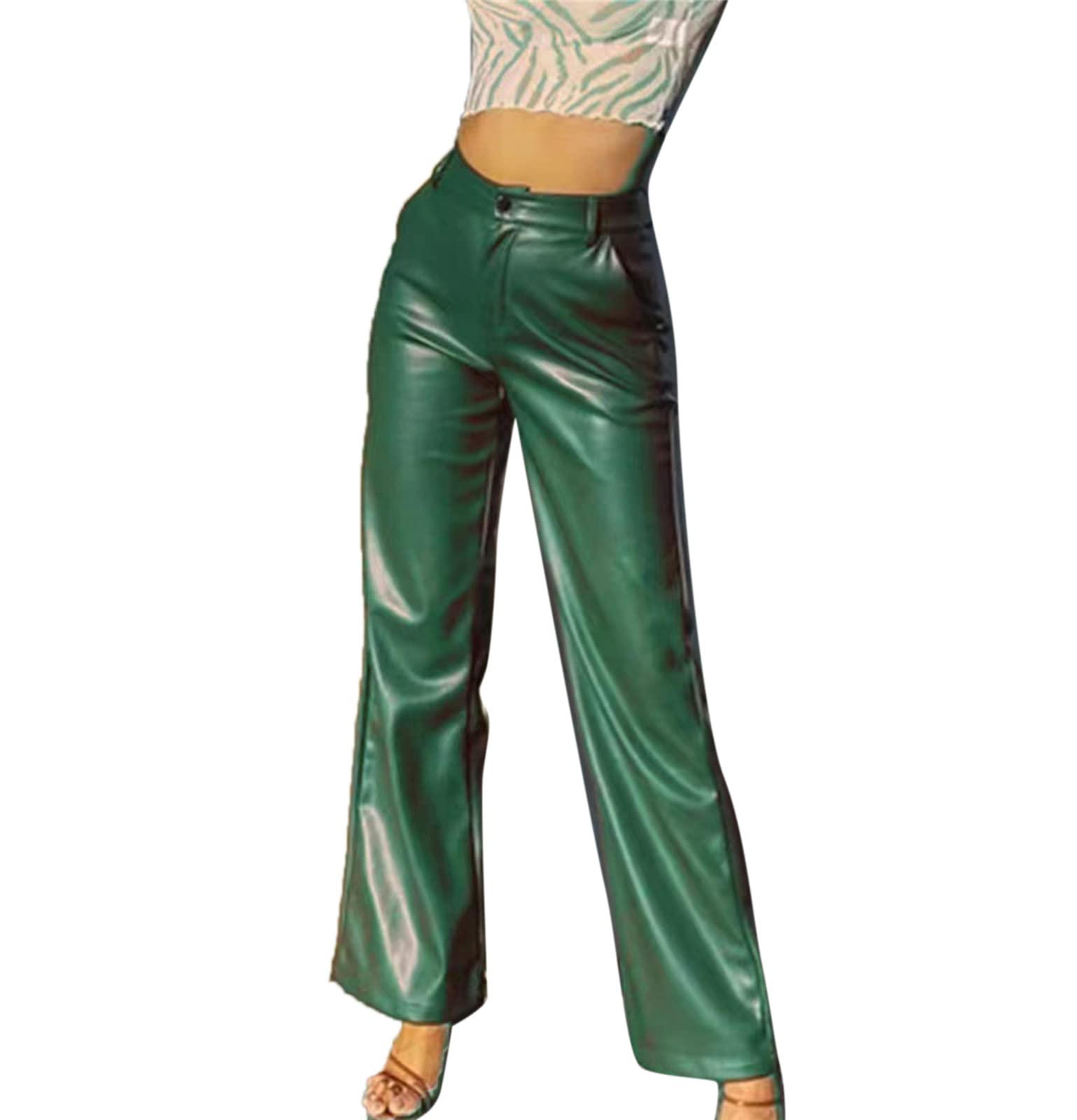 Pantalon vintage en cuir synthétique pour femme avec poches - Taille haute - Effet mouillé - Jambe large - Coupe droite, Vert, L