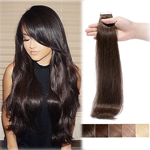 18 inch Dark Brown Tape in Human Hair Extensions 20pcs/30g Long Straight Skin Weft Invisible Double Sided Tape +10pcs Replacement Tapes(18", 2)