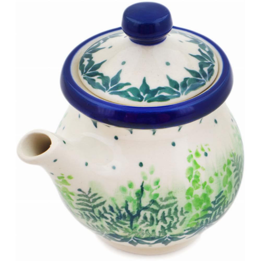 Authentic Polish Pottery Creamer with Lid Signature UNIKAT in Fresh Fern Design Handmade in Boles?awiec Poland by Ceramika Artystyczna + Certificate of Authenticity