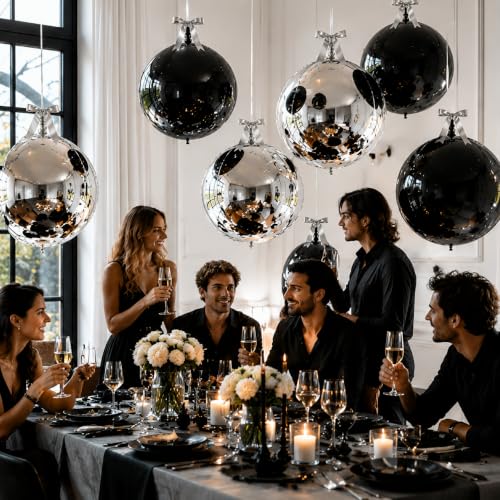 Image of 8 Pcs Black Silver Round Foil Balloons Metallic Silver Black 4D Ball Balloon Chrome 22 In Ornament Mylar Balloon for Girl Birthday Graduation Wedding Anniversary New Year Disco Party Decoration