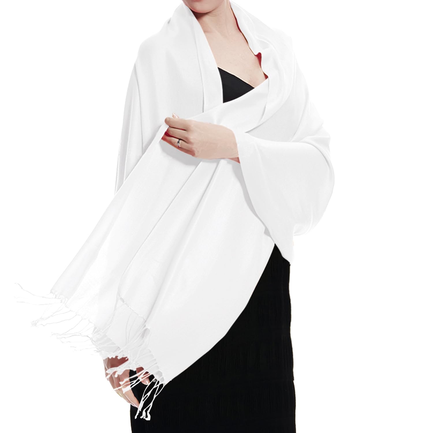 Pashmina Wedding Large Soft Plain Shawl/Wrap/Scarf for Women (White)-image-5