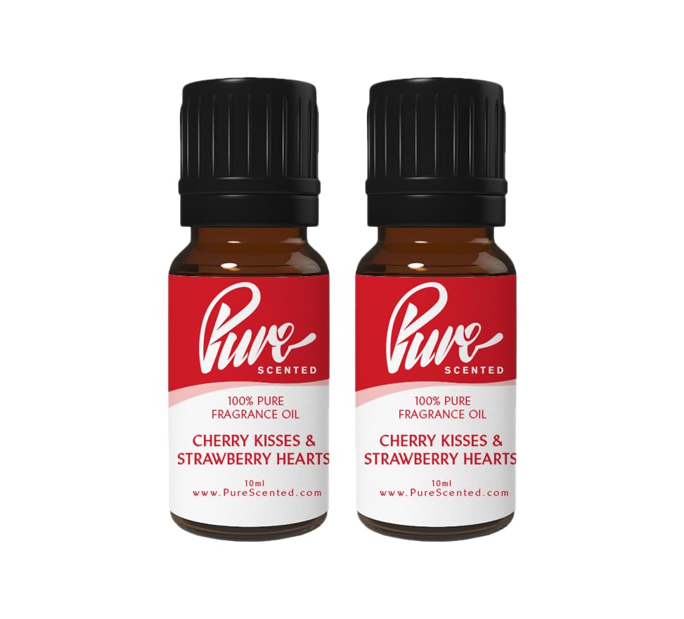 Pure Scented 20ml Fragrance Oils - 2 x 10ml Suitable for Candles, Soaps, Slime, Diffusers, Cosmetics, Wax Melts, Designer (2 x 10ml, Cherry Kisses & Strawberry Hearts)