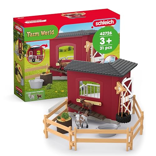 schleich FARM WORLD | Ziegenstall 42726 | Set inkl. Stall Ziege Zicklein Zaun & Zubehör | detailgetreue Tierfiguren | tolles Geschenk für Kinder | Bauernhof Spielzeug ab 3 Jahre | Set aus 31 Teilen