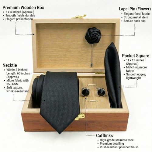 Image of Men's Necktie Gift Set with Wooden Box | Premium Tie, Pocket Square, Cufflinks & Lapel Pin | Elegant Formal Accessories Gift for Men