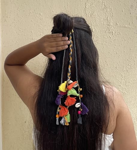 Image of Zippy Flora Boho Handmade Colorful Hair Strings for Navratri /Ethnic Look /Bohemian Styling, Colorful Braided Hairband, Thread Hair Accessories & Extensions (Shoulder Length (12-14 inch), Grey)