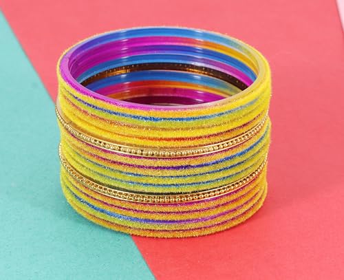 Image of NMII Glass Bangles For Women and Girls with Velvet and Golden Ballchain Linked | Plain Glass Bangles | Velvet Chudi Set | Bangles For Women | Stylish Glass Chudi Bangles- Set of 28