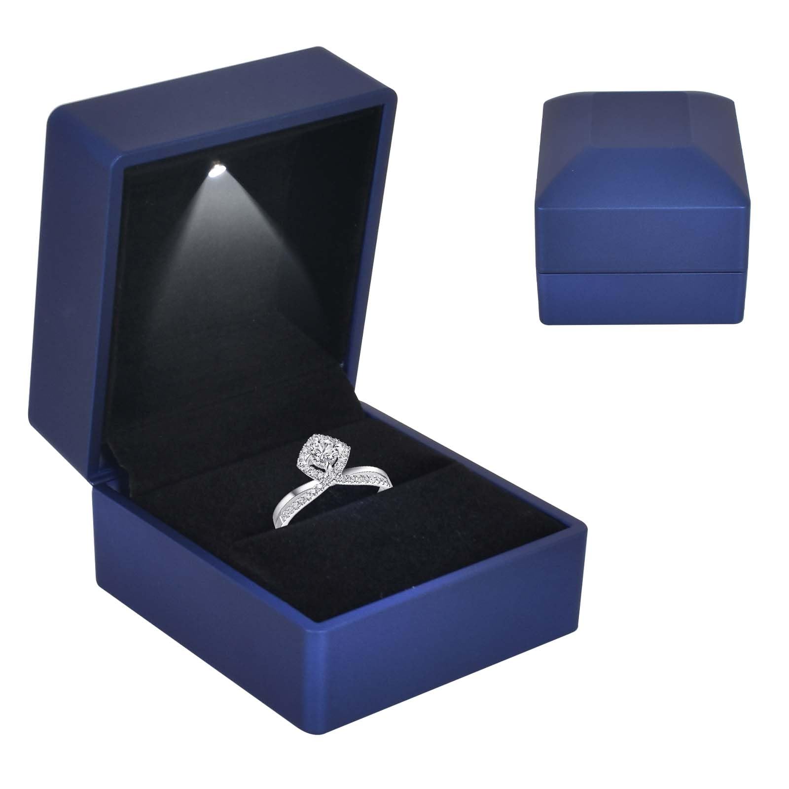 Ring Box With LED Light, Velvet Ring Boxs, Jewelry Display Gift Box with LED Internal Lighting, LED Lighted up Ring Storage Holder Display Case, for Proposal Engagement Wedding, 5.8*6.3*5cm, Blue