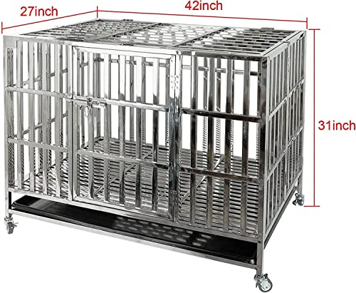 Confote 42" Heavy Duty Stainless Steel Dog Cage Kennel Crate And Playpen For Training Large Dog Indoor Outdoor With Double Doors & Locks Design Included Lockable Wheels Removable Tray No Screw #TOP1