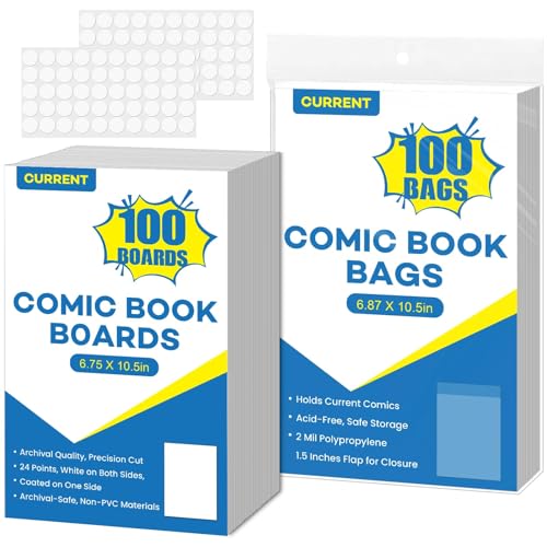 100 Pack Current Comic Book Bags and Boards 6.87 x 10.5 Clear Comic Book Sleeves Acid-Free Thick Comic Backing Boards for Collectible Book Storage