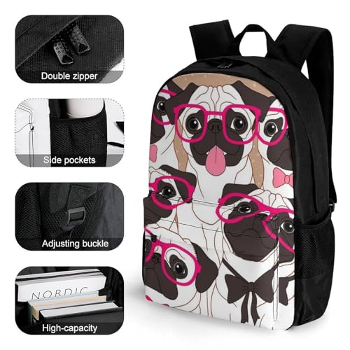 Supdreamc Cute Pug Dog With Pink Tie And Glasses Rucksack Polyester Anti-Theft Multipurpose Bookbag Big Capacity Travel and Sport Backpack Rucksack With Side Pockets3