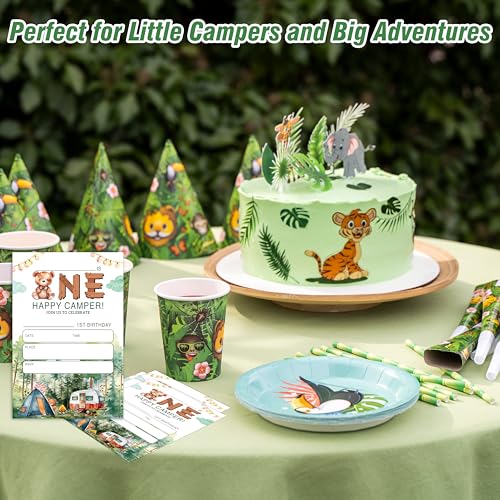 Invitaciones de cumpleaños One Happy Camper con sobres para fiesta infantil 4