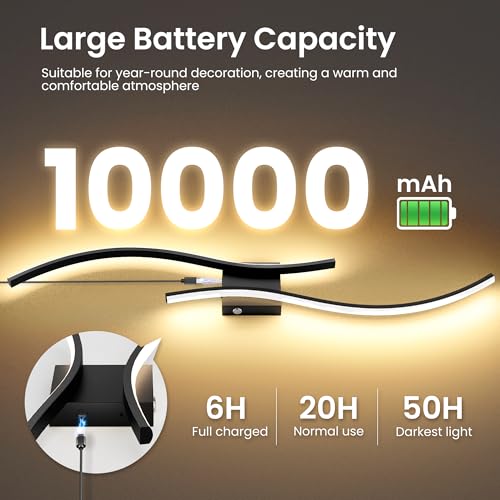 Battery Operated Wall Sconces Set of Two, 10000mAh Rechargeable Modern Wall Lights with Remote Control, Dimmable Black LED Cordless Lighting for Living Room, Bedroom, Hallway, 31.5 Inch, 3CCT - Image 2