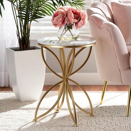 Image of Modern Round Accent Side Table with Marble Finish Top & Gold Metal Base | End Table for Living Room & Sofa Side (White-Gold)