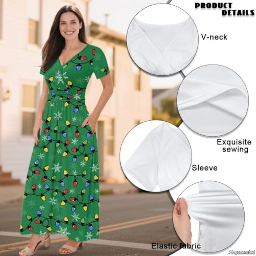 Image of Women's Fall Summer Short Sleeve Ankle Length V-Neck Party Dress with Pockets Size S-3XL