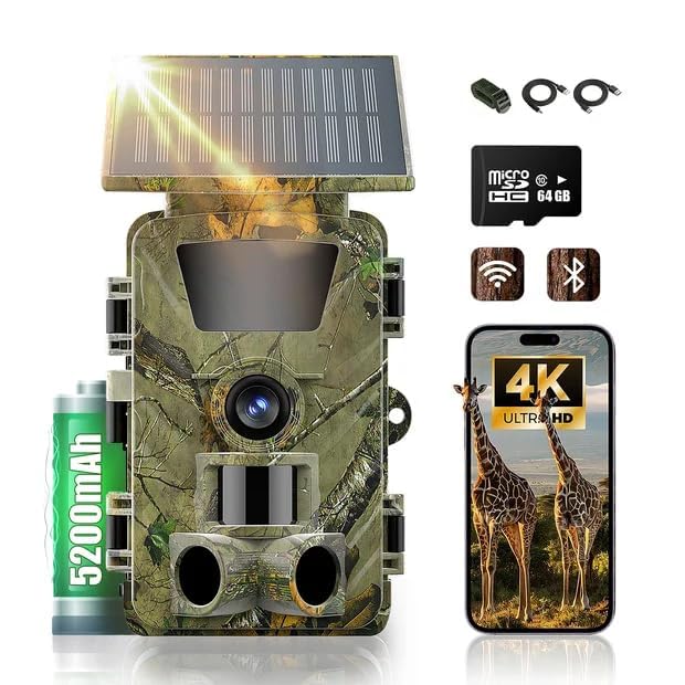 Splixora Wildkamera WLAN mit Handyübertragung App,4K 60MP Wildkamera Solar mit Nachtsicht Bewegungsmelder, Wildtierkamera mit 850nm Infrarot-LED,0,1s Auslöser,64GB SD-Karte, IP66 Wasserdicht