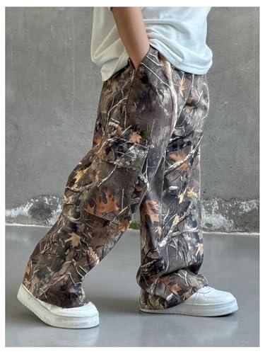 Boy's Camo Cargo Pants Branch Print Flap Pockets Wide Leg Baggy Track Pants4