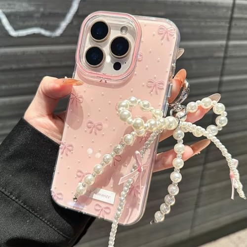 Image of Phone Charm with Beaded Chain | Acrylic Phone Strap for Mobile Keys & Bags | Decorative Wrist Strap | Lanyard Charms | Keychain Accessory for Women Girls (Pink-Bow-Pearl)