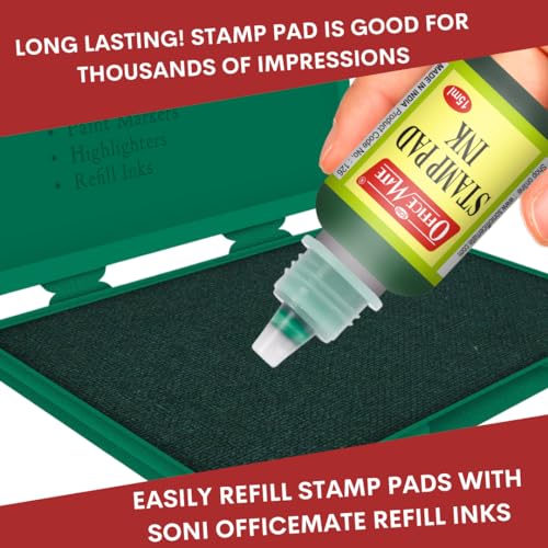 Image of Soni Officemate Medium Stamp Pad - Green | Pack of 10 | Quick-Dry, Smudge-Free Ink | Crisp Impressions | Refillable | for Office, Craft & DIY