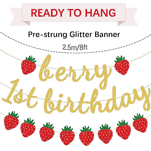 Berry First Birthday Glitter Banner Strawberry Party Decorations Strawberry 1st Birthday Party Hanging Garland Sweet One Decors Supplies Favors Photo Props for Baby Girls Little Princess