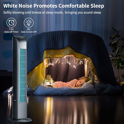 Image of Uthfy Tower Fan, 120 Oscillating Standing Floor Bladeless Fans That Blow Cold Air with Remote, 3 Modes 3 Speeds, 7.5H Timer, for Indoor Living Room Office, 30 Inch,Black