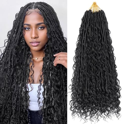 Boho Faux Locs Crochet Hair Bohemian Human Hair Mixed Synthetic 18 Inch Pre-Looped Goddess Locs Crochet Human Hair with Curly Ends (18Inch 1B)