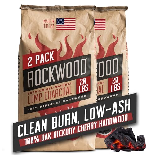Rockwood Natural Lump Charcoal – Hardwood Lump Charcoal Blend of Oak, Hickory & Cherry for Clean Burn, High-Heat Grilling & Smoky Flavor Barbecue – Ideal for Kettle & Kamado Grills – 20lbs (2 Packs)