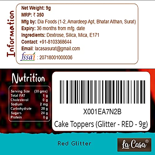 Image of La Casa Premium Edible Glitter - RED | Metallic Glitter Ideal for Cake Icing Decoration & Garnishing | 9gm |