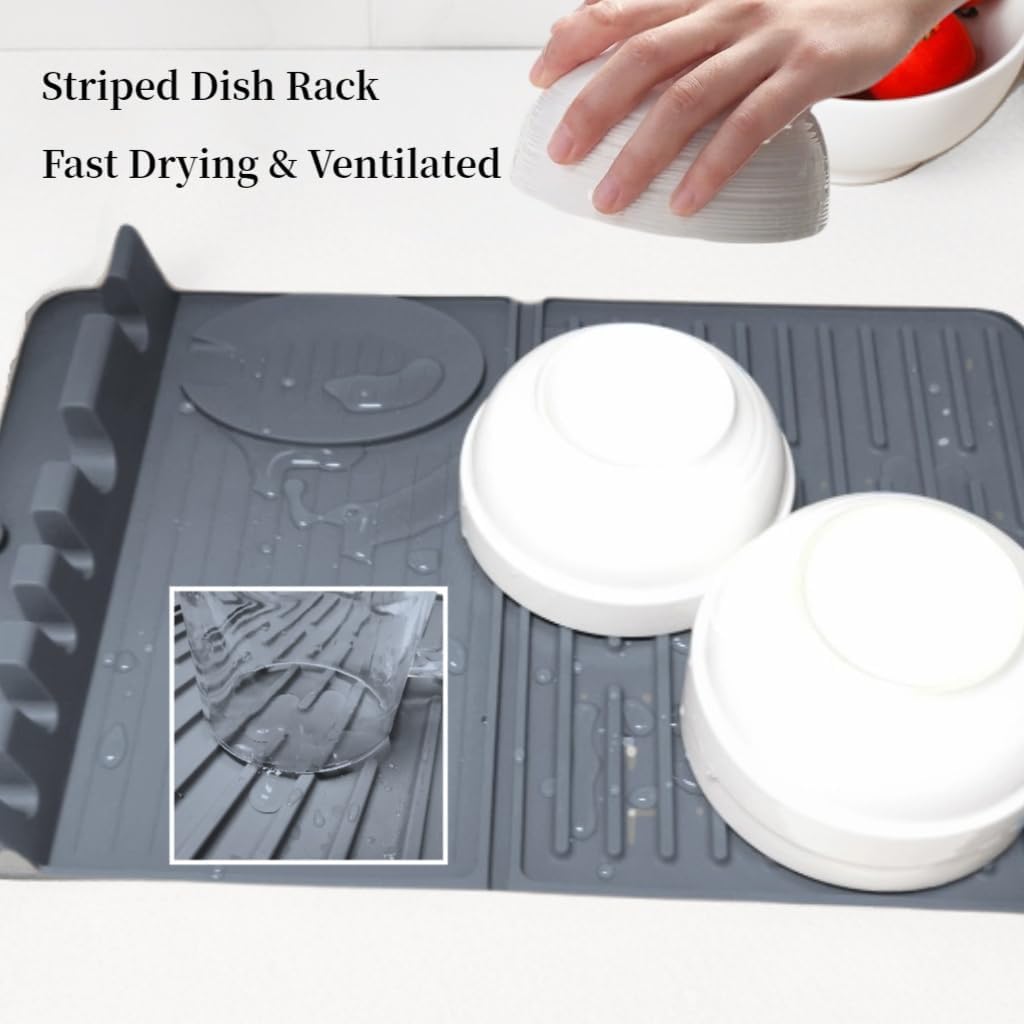 2 Pack Silicone Dish Drying Mat for Small Kitchens Or Travel - 15.8"x10.2" & Foldable & Space-Saving | Heat-Resistant, Non-Slip | Bonus [Drawstring Bag & 2 Suction Cup Hook]