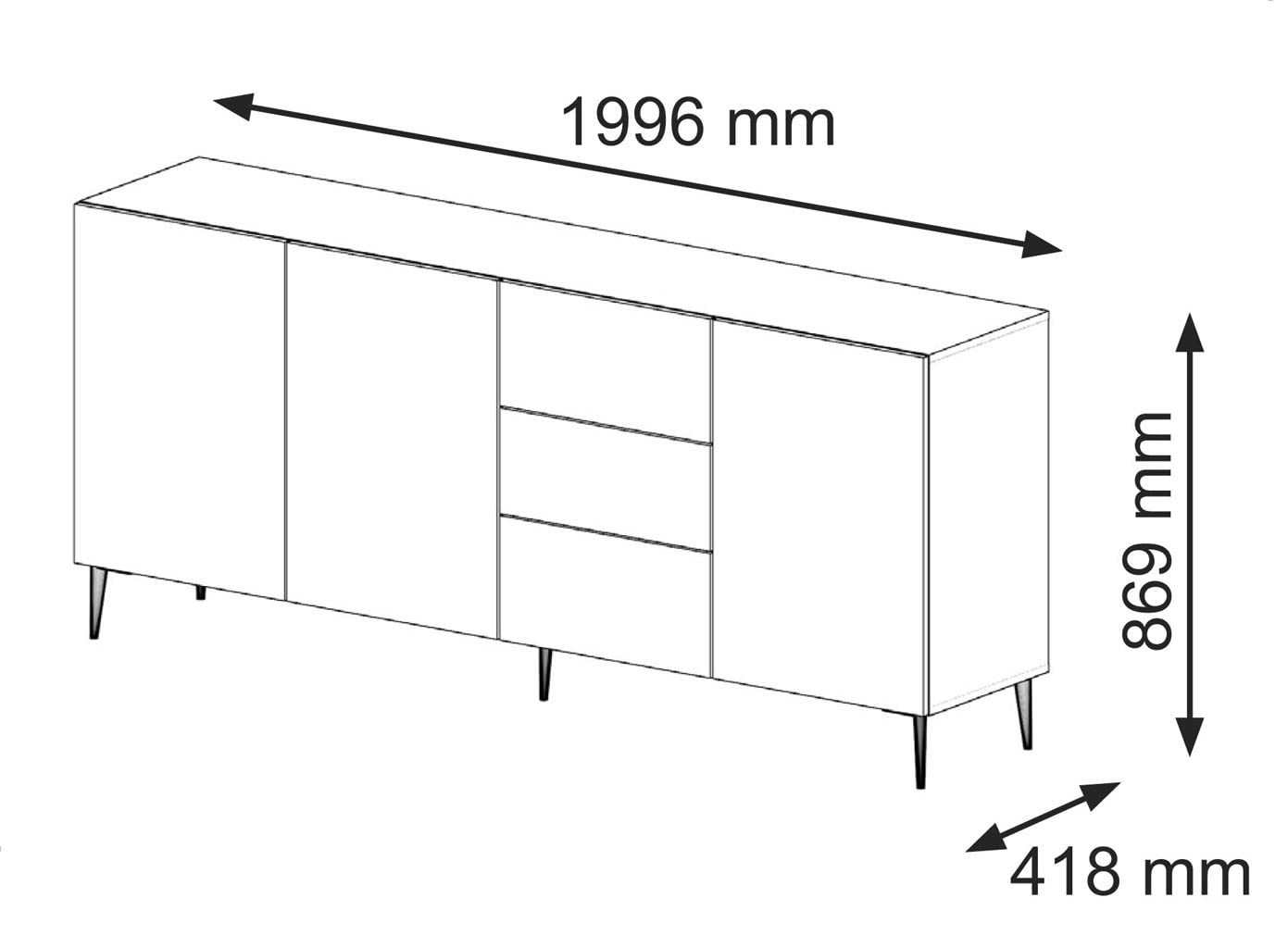 BIM Furniture Cajonera Ravenna B 3D3S de 200 cm con Frontal fresada MDF, aparador, Buffet sobre Patas de Metal Negro, 3 armarios