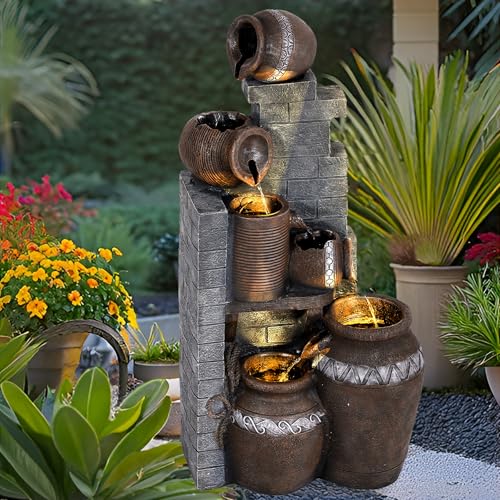 USSerenaY 5-Tiers Garden Fountains Outdoor W/LED Light Modern Waterfall Floor-Standing Cascading Water Feature for Patio Deck, Porch, Yard Decor (Grey)